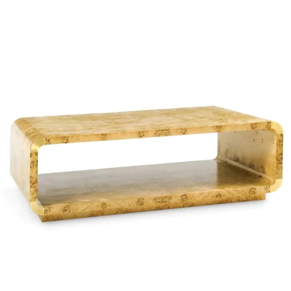 Emil Art Deco Burl Wood Coffee Table with Brass Accents