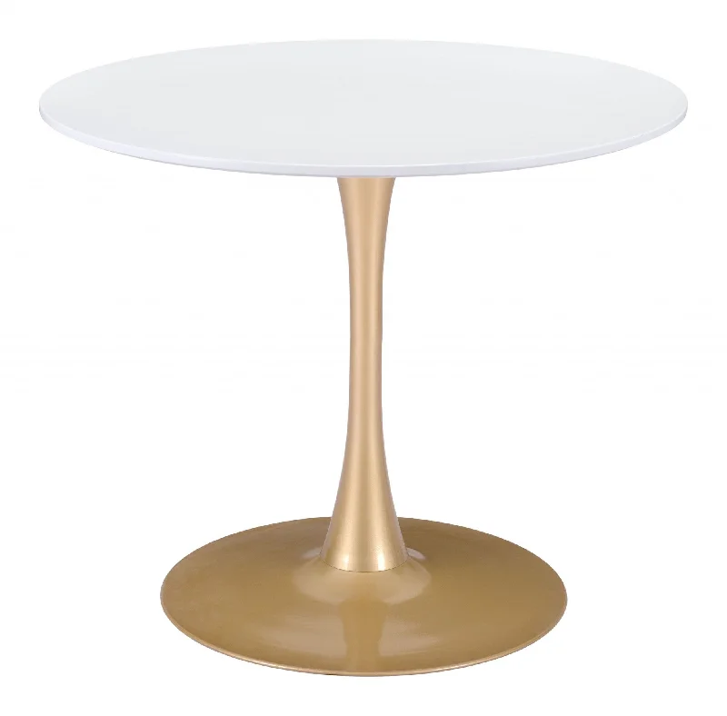 35" White And Gold Rounded Steel Pedestal Base Dining Table