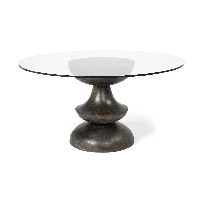 60" Clear And Brown Rounded Glass And Solid Manufactured Wood Pedestal Base Dining Table